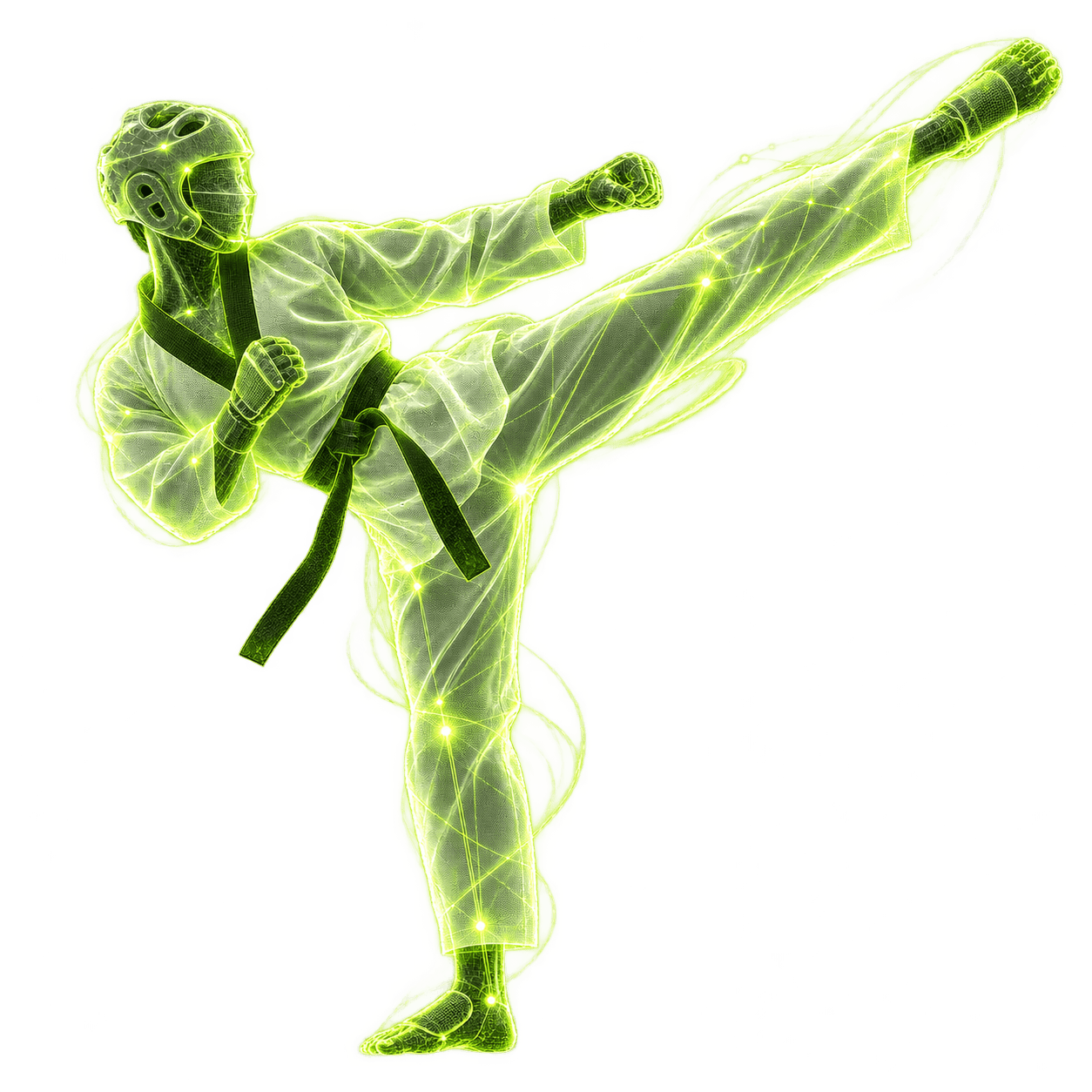 AI-tracked taekwondo athlete executing a side kick